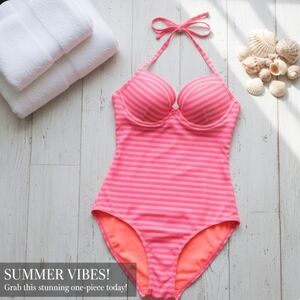 Halter Pink & Orange Striped Bathing Suit Stretch L